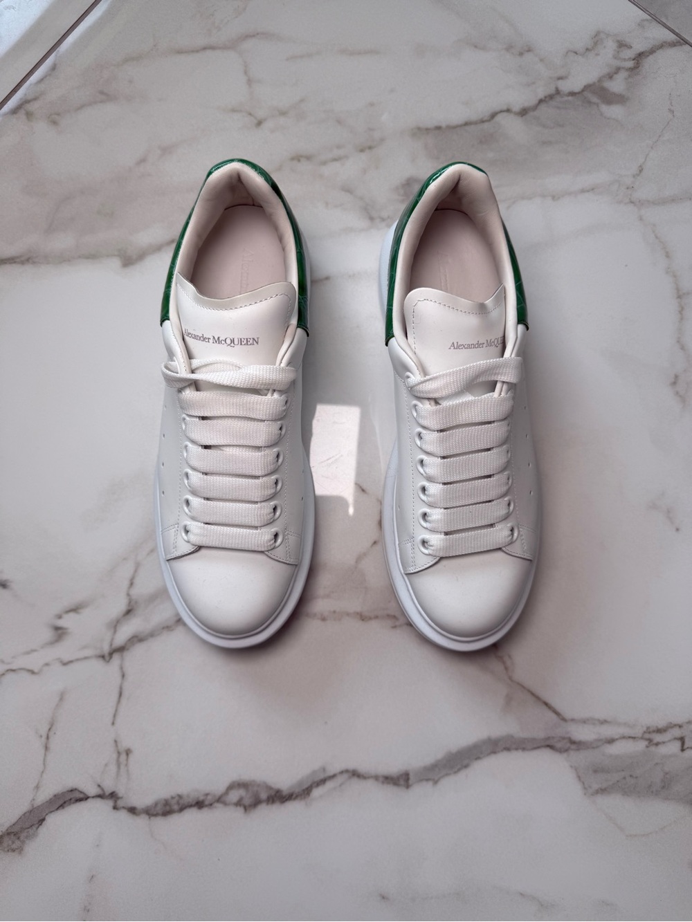 Alexander McQueen White Leather Sneakers with Green Heel Counters